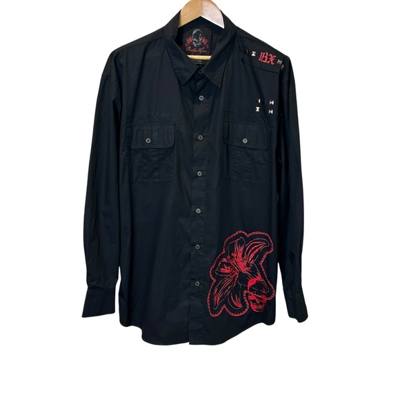 Brooklyn Xpress Shirt Mens XXL Black Skull Lily Embroidered Studded LS Rock Goth - Picture 1 of 9